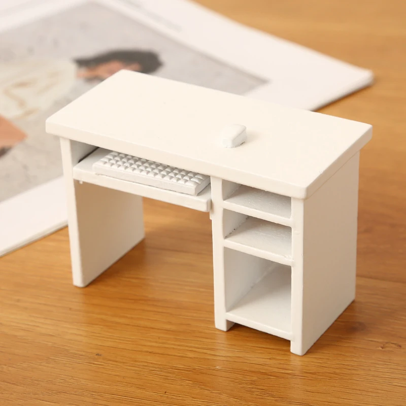 1Set Dollhouse Wooden Computer Desk Mouse Keyboard Set Dollhouse Study Furniture Decoration Micro Scene Construction Props