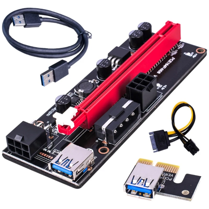 VER009 USB 3.0 PCI-E Riser VER009S Express 1X 4X 8X 16X Extender Riser Adapter Card SATA 15Pin To 6 Pin Power Cable 6Pcs