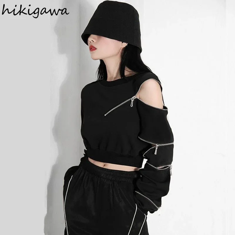 2023 Ropa Mujer Cropped Tops Fashion Hoodies Women O-neck Long Sleeve Zipper Pullovers Chic Hollow Out Sexy Korean Sweatshirt