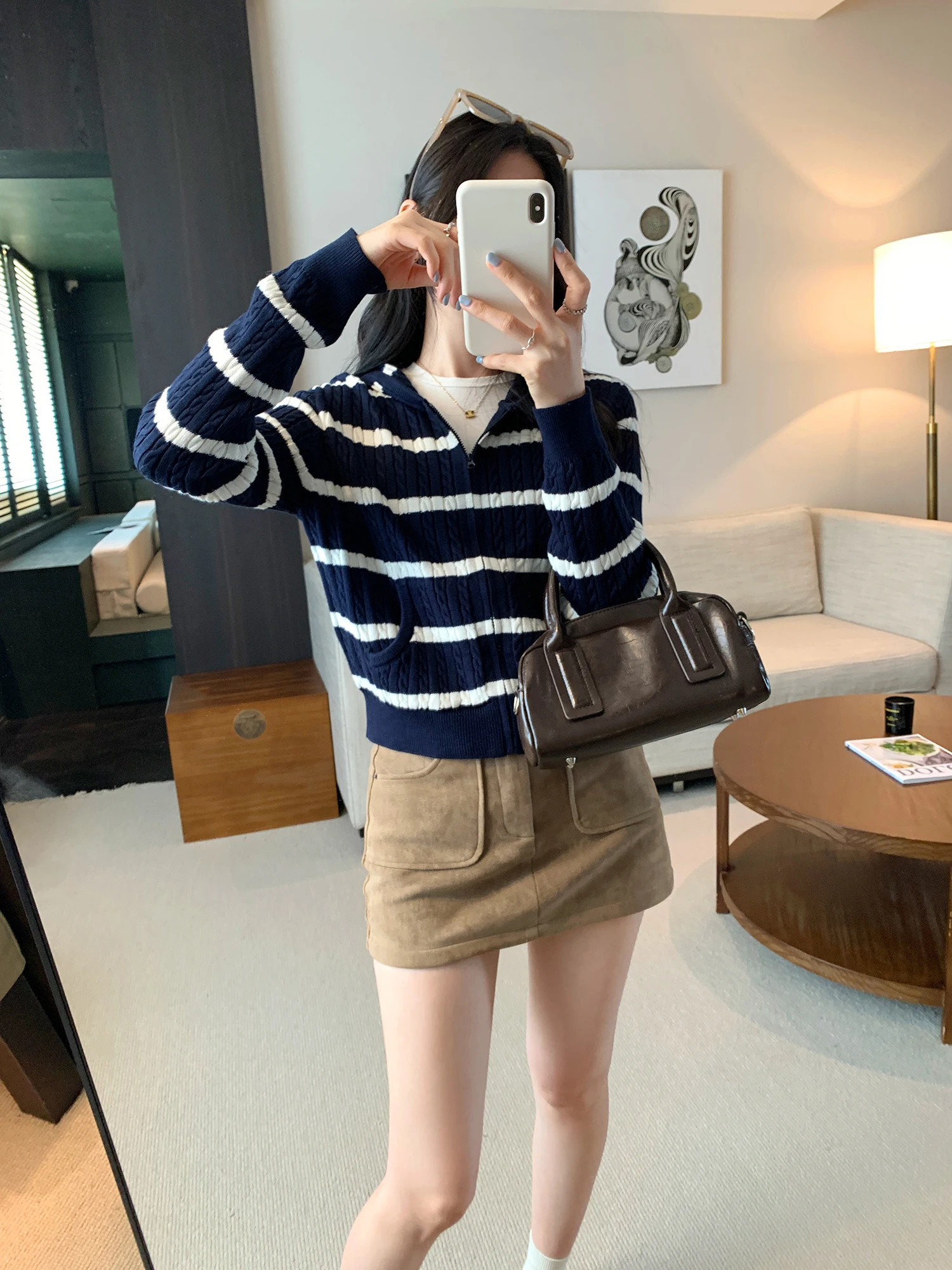 

Women's Hooded Striped Knit Sweater Cardigan Ultra Soft Cozy Autumn Winter Fashion Inner Wear Casual Loose Fit round Neck Zipper