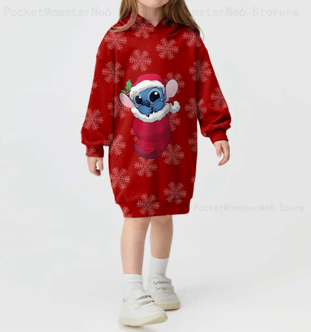 

Street Casual Children's Wear Comfortable Hoodie Dress Disney Stitch Cute Print Autumn and Winter Girls Long Sleeve Hoodie