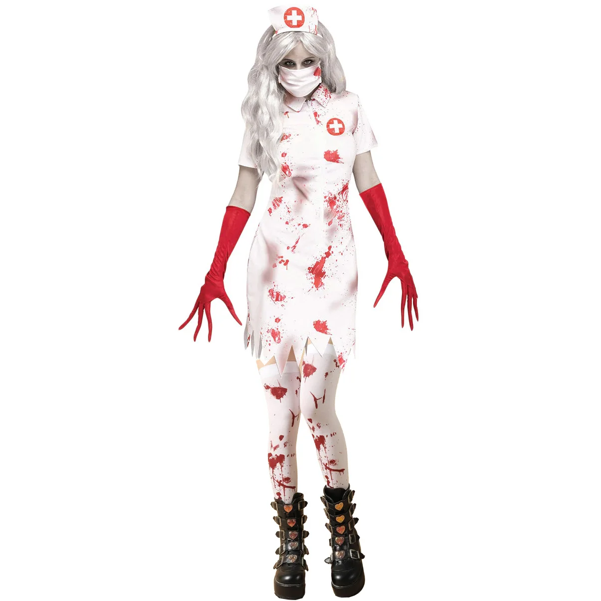 Disfraz de enfermera zombi para mujer, ropa de Cosplay aterradora de Halloween, vestido de manga corta con guantes y ropa facial
