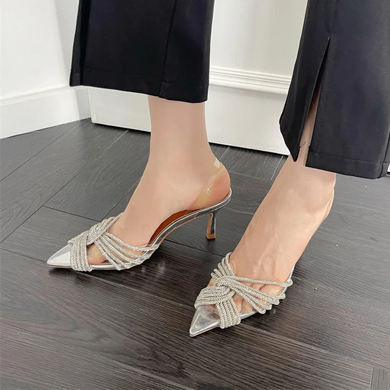 2024 Summer New Pointed Sandals for Women Shoes Classic Sexy Crystal Diamond Silver Light Mouthed Transparent High Heeled Sandal