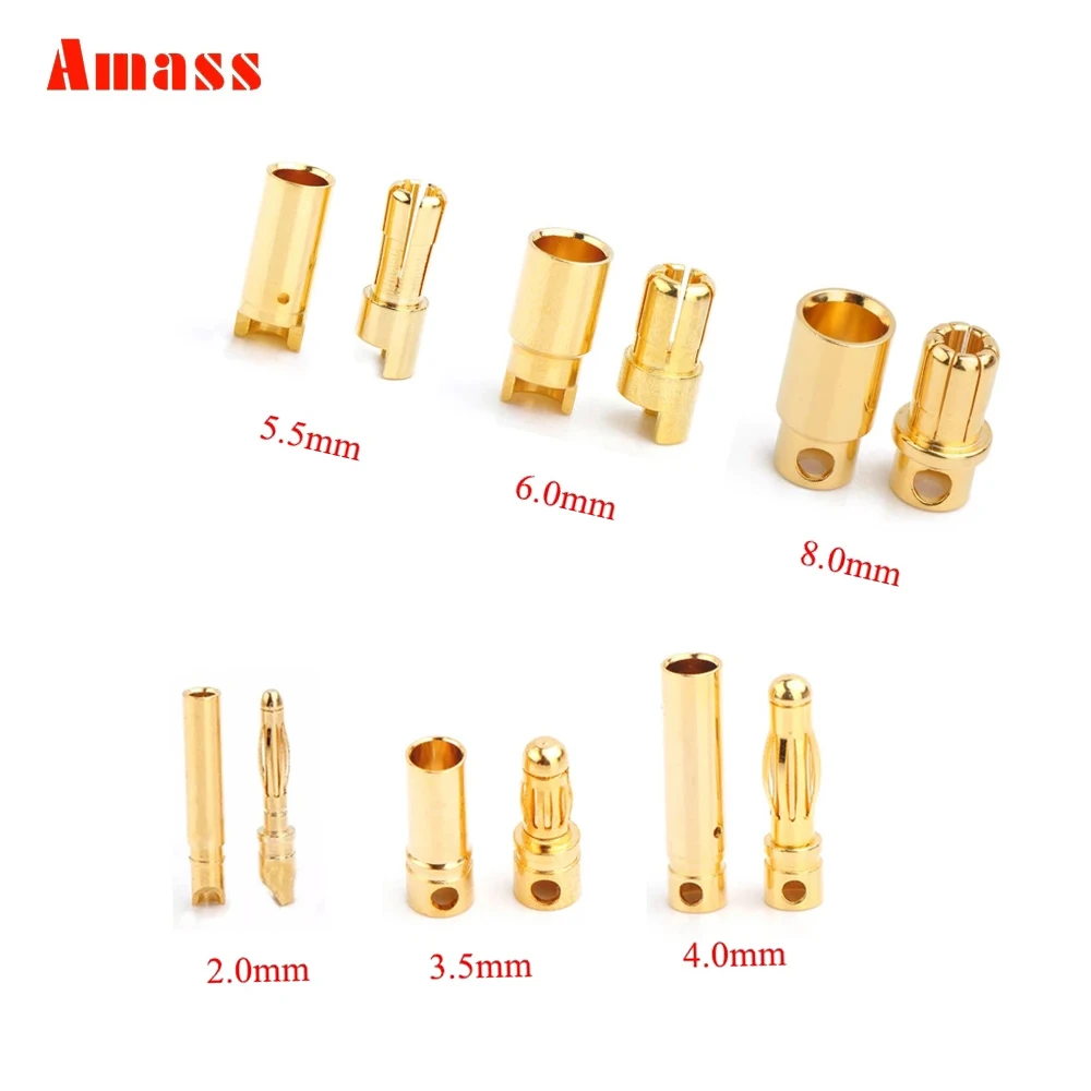 A10 peças de 5 pares Amass 2.0mm 3.0mm 3.5mm 4.0mm 5.5mm bala de ouro banana conectores 6.0mm 8.0mm plugues para conexão de bateria