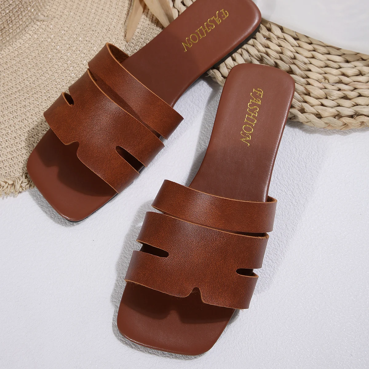 

French Square Toe Slides Women Summer Multicolor Beach Sandals High Quality Slippers Outwear Comfortable Flip-flops Large Size