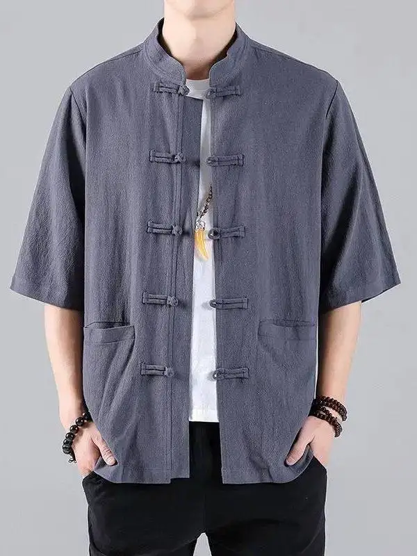

Casual Cotton Linen Short Sleeve Shirt Men's Five Sleeve Tang Costume Chinese Style Loose Fit Breathable Comfortable Youth Shirt
