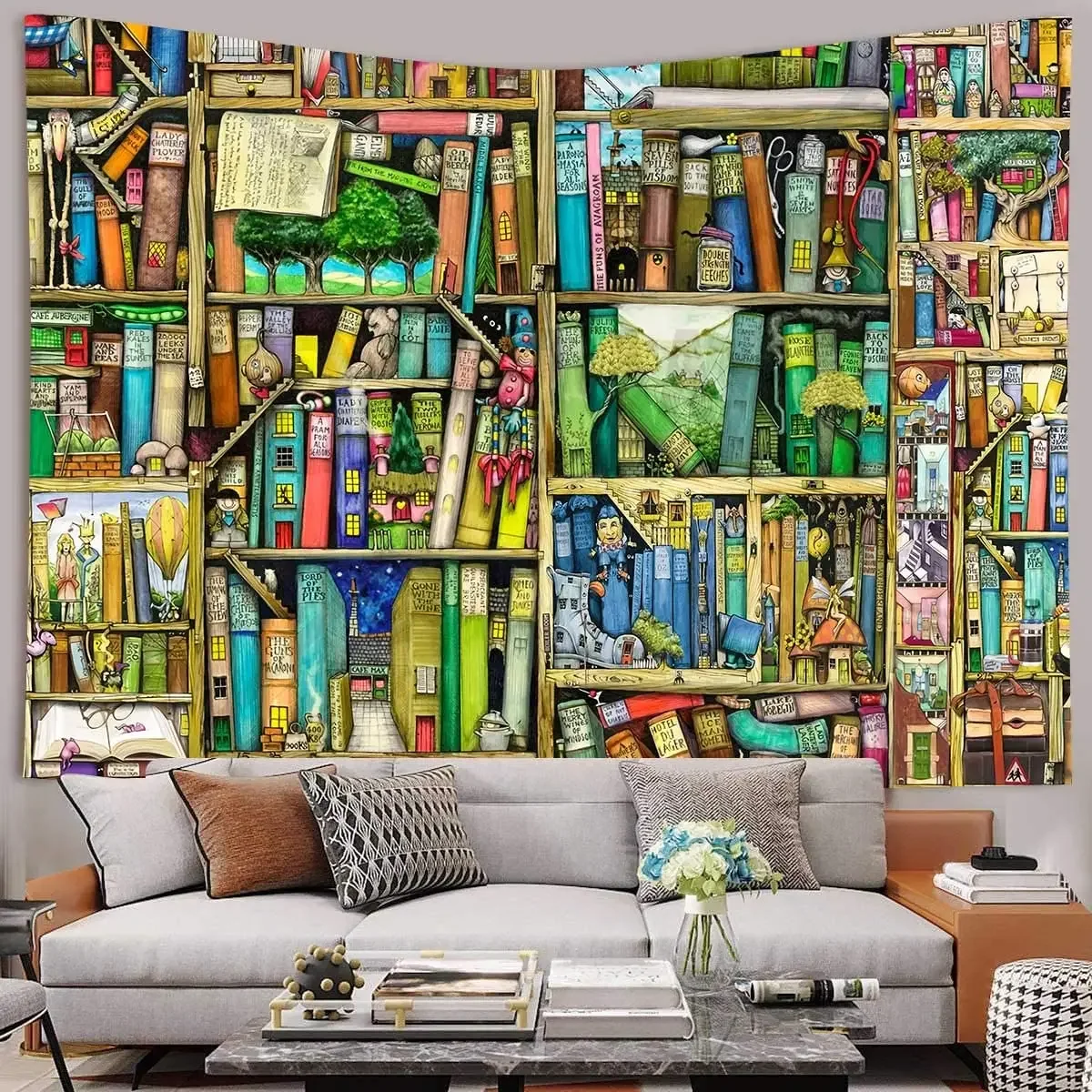 Anime Bookshelf Tapestry Elf Library Fantasy Fairy Tale Magic School Bookcase Mage Library Wall Wall Hanging for Bedroom