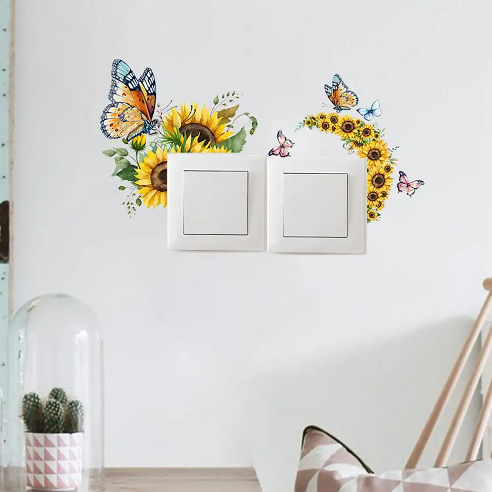 Wall Decal Sticker Vibrant Sunflower Butterfly Switch Stickers Waterproof Pvc Decals for Room Bathroom Light Switches Outlet