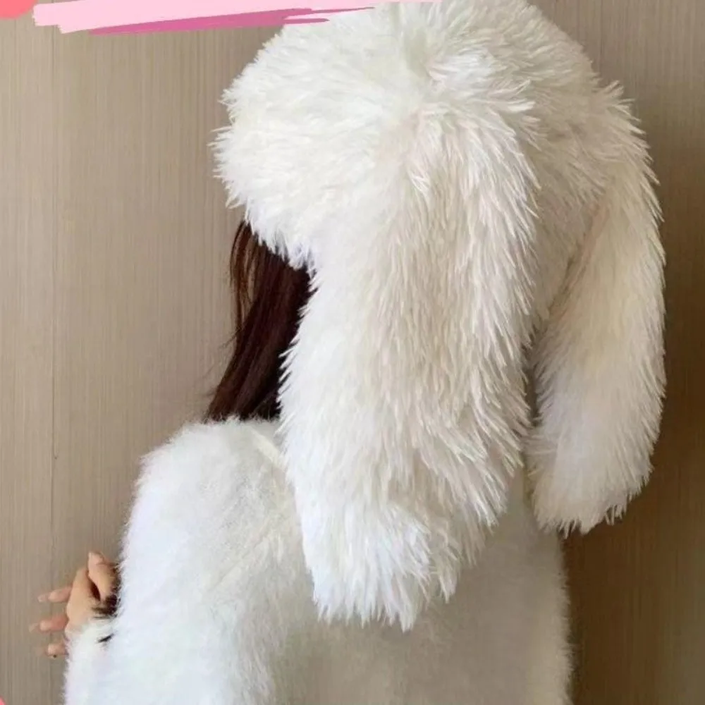 Simpatici berretti con orecchie di coniglio in tinta unita coniglietto berretto pullover in peluche resistente al freddo orecchie lunghe cappello di protezione per le orecchie Y2K invernale