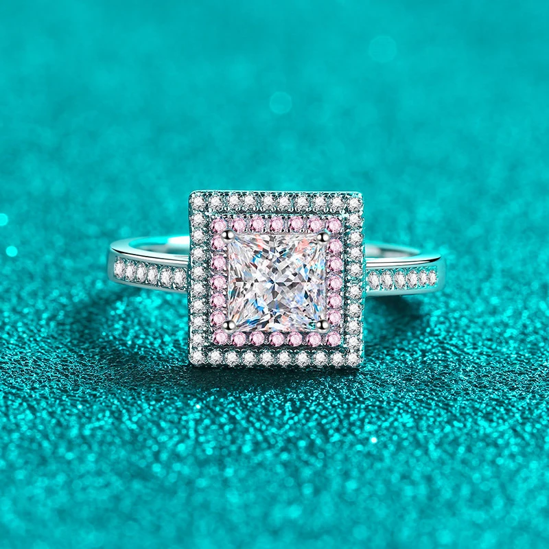 Moissanite Ring  S925 Sterling Silver Sugar Cube Moissanite Band, Rose Gold Two-Tone for Women