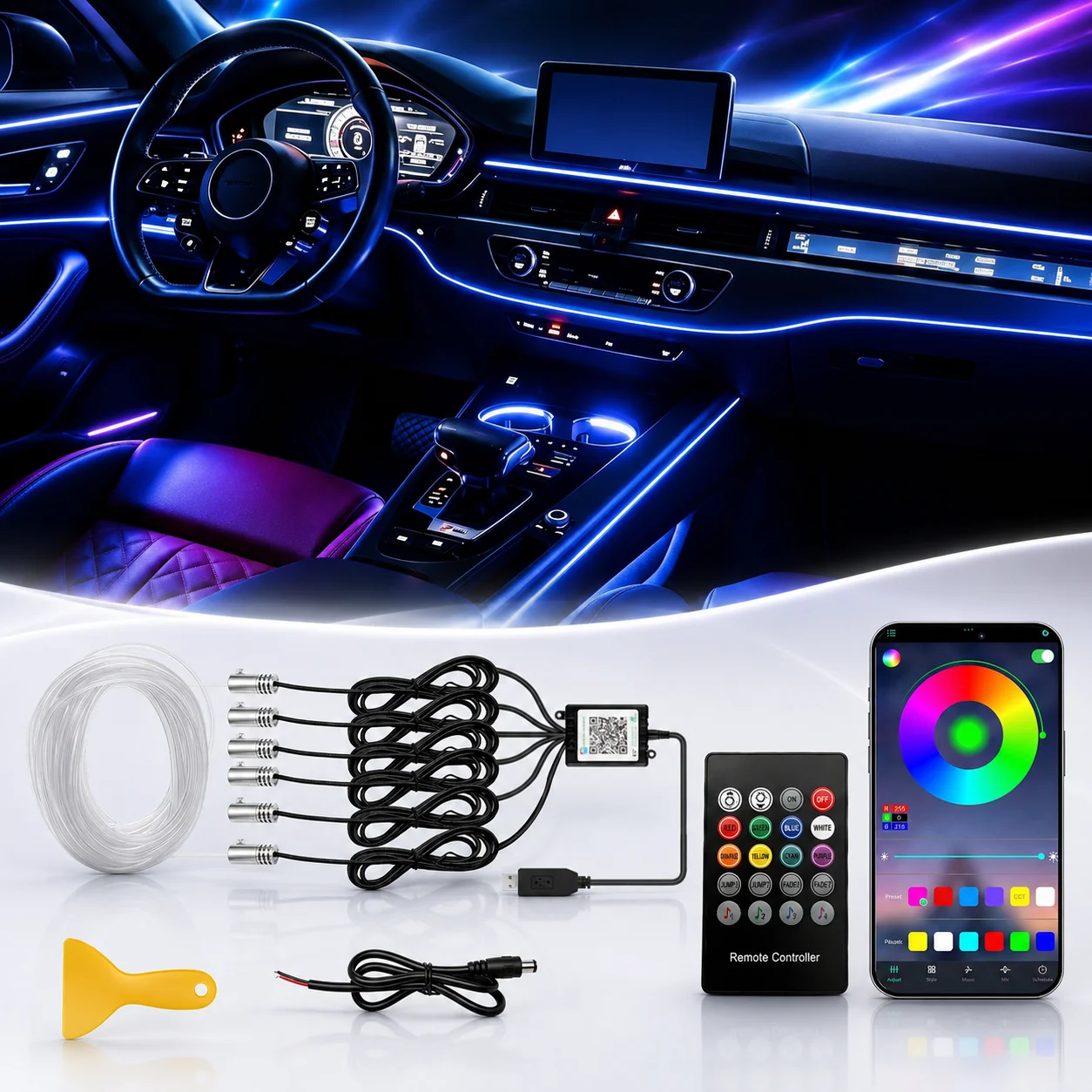 Car RGB Ambient Light Strip Kit 16 Million Colors Interior LED Lights APP Remote Control Music Sync Decorative Lamp for Vehicle
