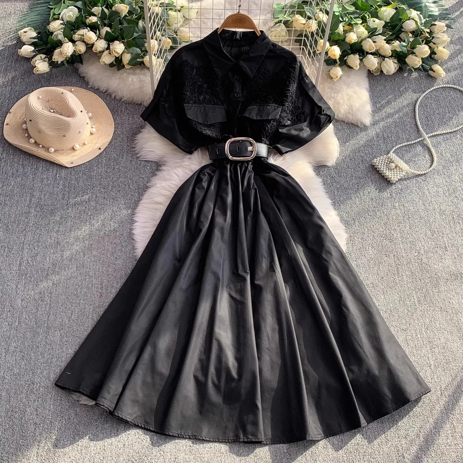 Elegant Hollow Out Lace Patchwork Midi Long Dresses Shirt Women Summer Turn Down Neck Short Sleeve Belt Evening Party Vestidos