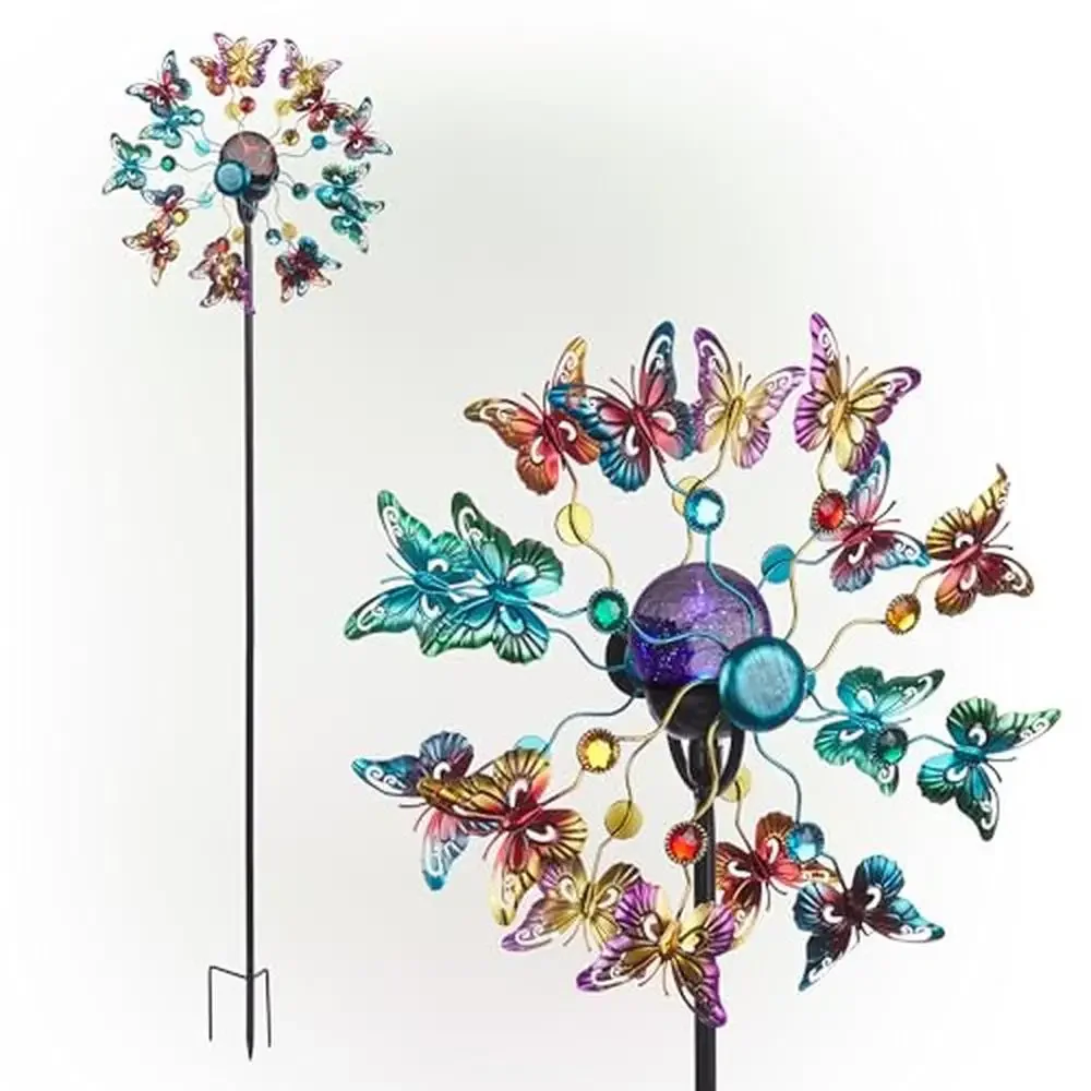 Butterfly Metal Wind Spinner Stake with Solar LED Light Color-Changing Garden Decoration