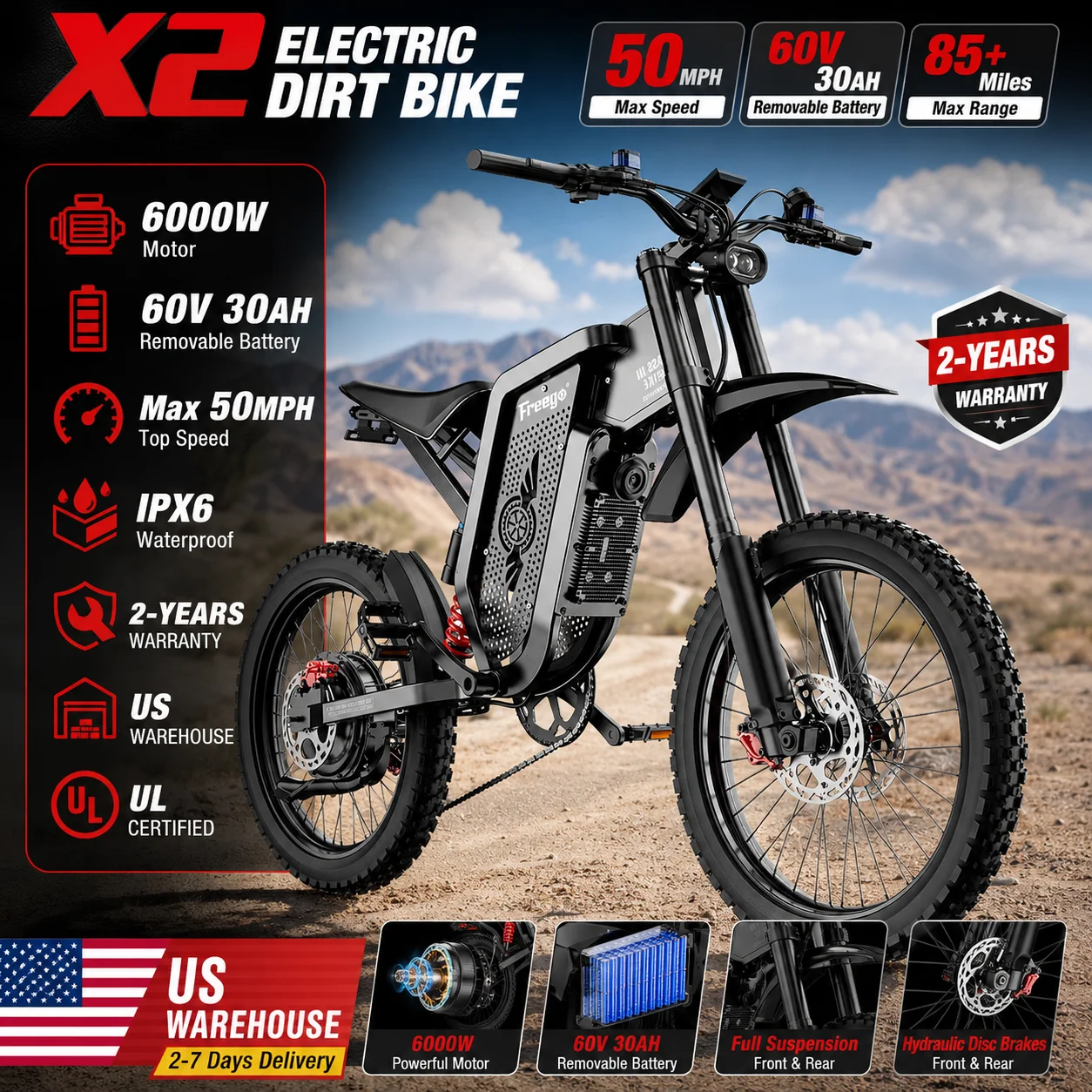 

Freego X2 Electric Dirt Bike 6000W Motor 60V 30Ah Removable Battery Max 50Mph Electric Motorcycle 19" x2" Tire ULCertifications