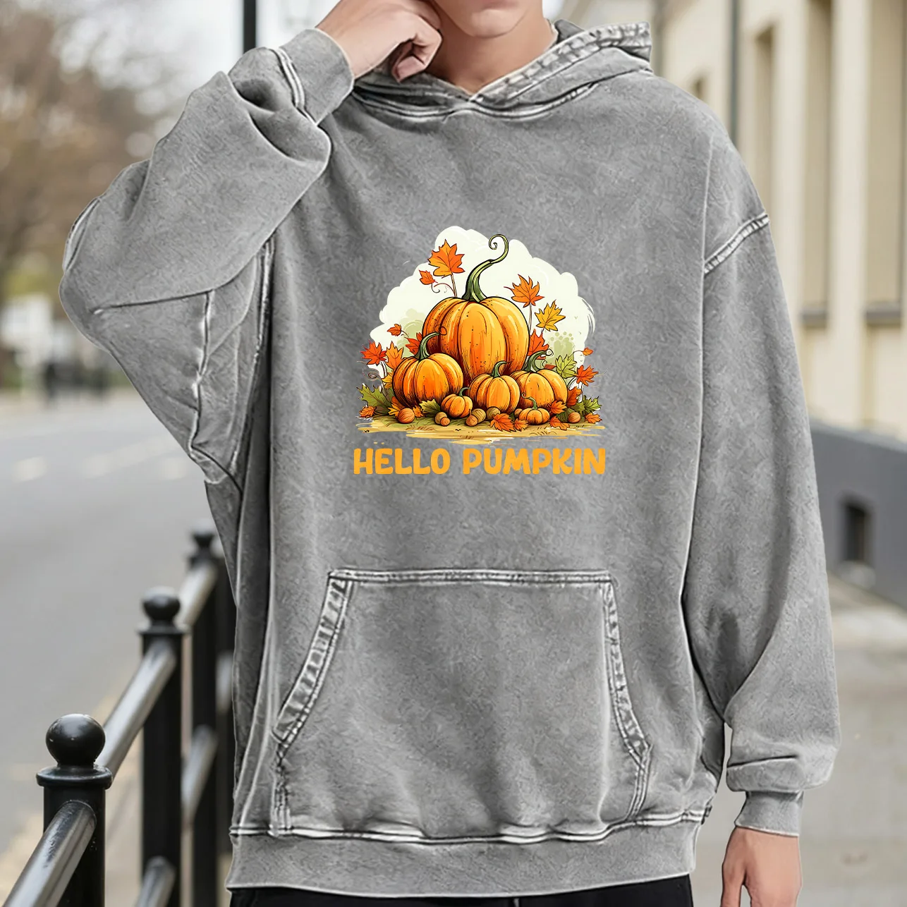 سترة بقلنسوة برسومات كلاسيكية مغسولة للرجال من Hello Pumpkin، بلوفر ريترو متعثر، سويت شيرت كاجوال ملابس الشارع