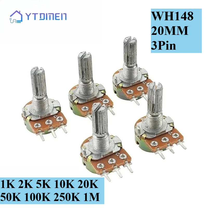 5PCS WH148 3pin 20mm Potentiometer Kit 1K 2K 5K 10K 20K 50K 100K 250K 1M Linear Potentiometers with Nuts and Washers
