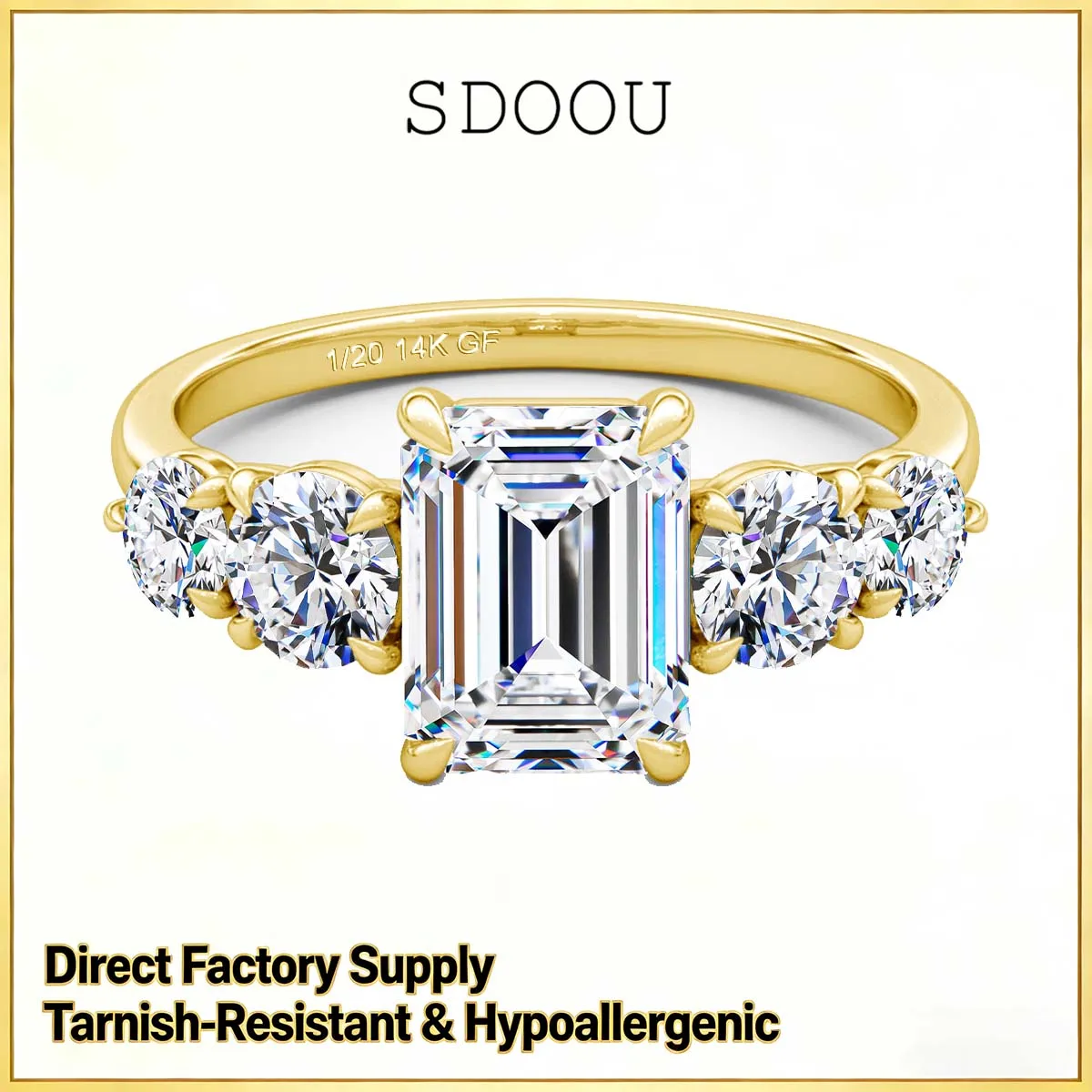 

SDOOU Lab Created 2CT Rectangle Moissanite Ring 14K Gold Filled Emerald Cut 5 Stone for Women Engagement Wedding Luxury Jewelry