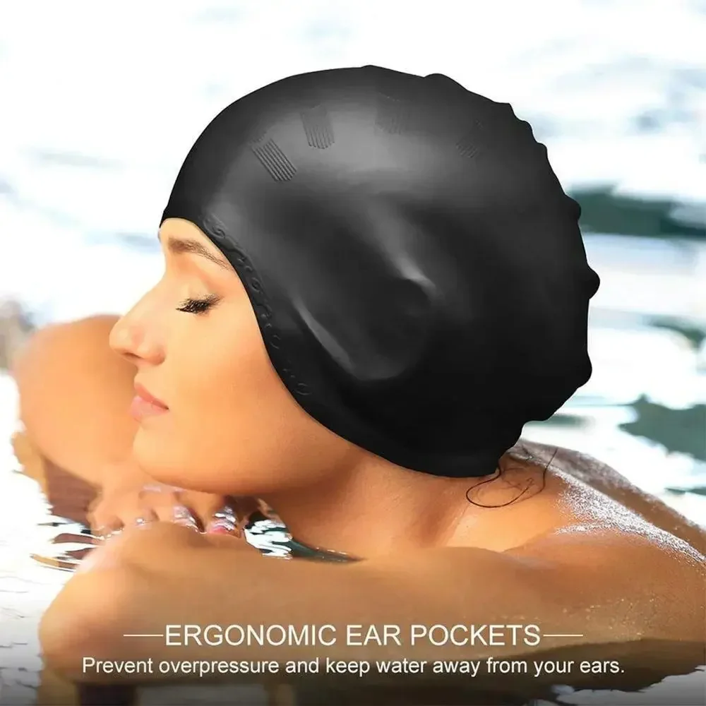 Silikon-Badekappe für langes Haar, Zopf, wasserdicht, für Damen, Herren, Damen, hohe Elastizität, Ohrenschutz, große Silikon-Tauchkappe