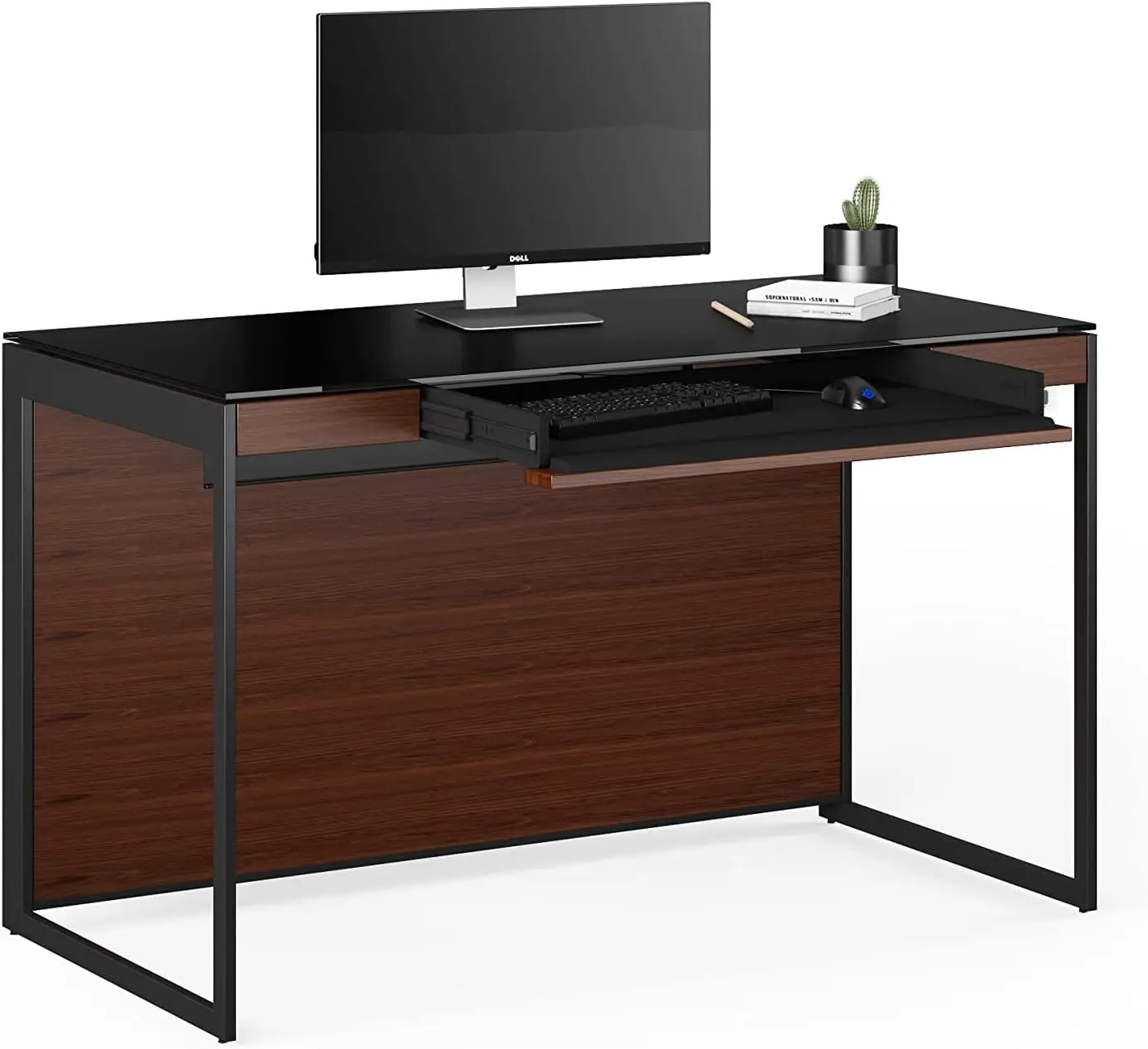 Computer Desk for Home or Office with Wire Management, Keyboard Drawer, Flip-Down Power Ledger, Satin-Etched Tempered Glass Top