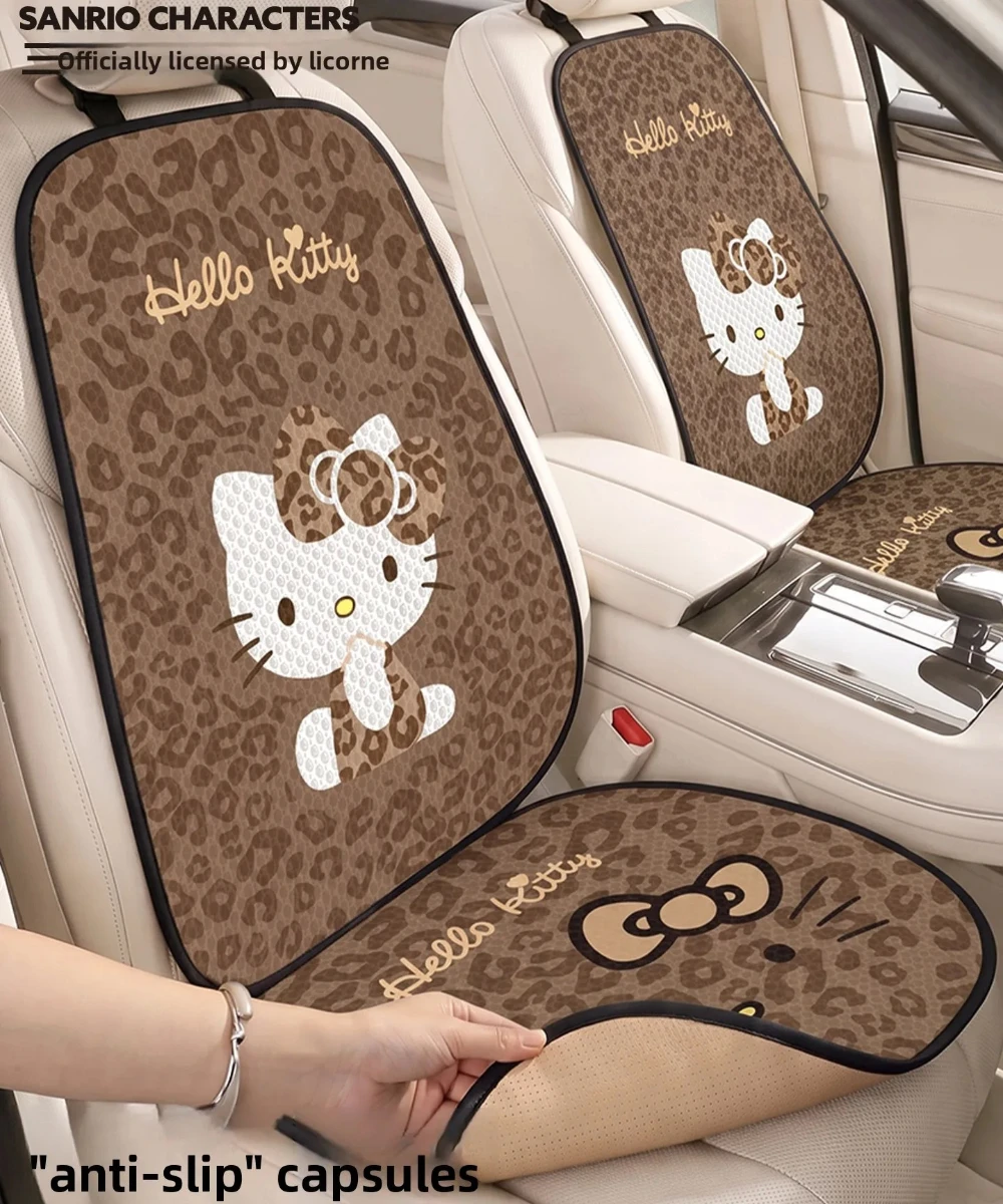 Hello Kitty Leopard Print Car Seat Cushion Universal Non‑Slip Breathable Auto Seat Pad Cute Women Car Interior Accessories