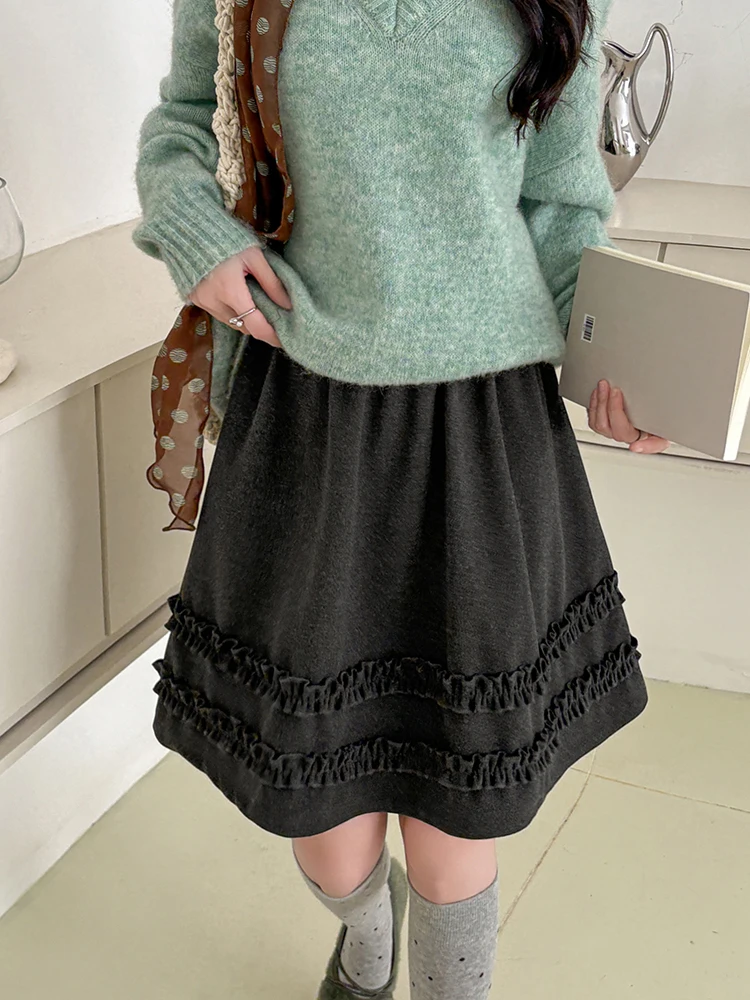 Jupe en laine longueur genou pour femmes, taille haute décontractée, demi-Capris, jupe trapèze avec bord champignon, automne et hiver