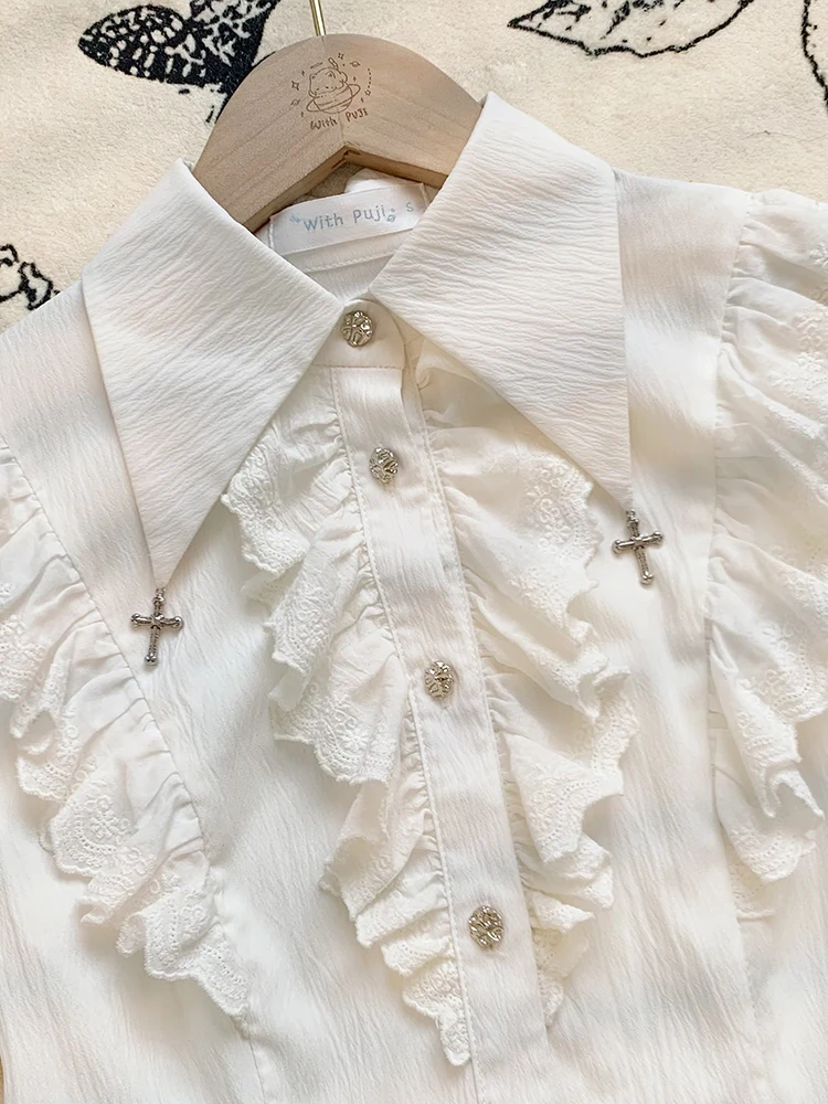 Original Design Gothic Black and White Waist Trimming Shirt 2024 Spring and Summer Lolita Women's Solid Color Blouse Shirts