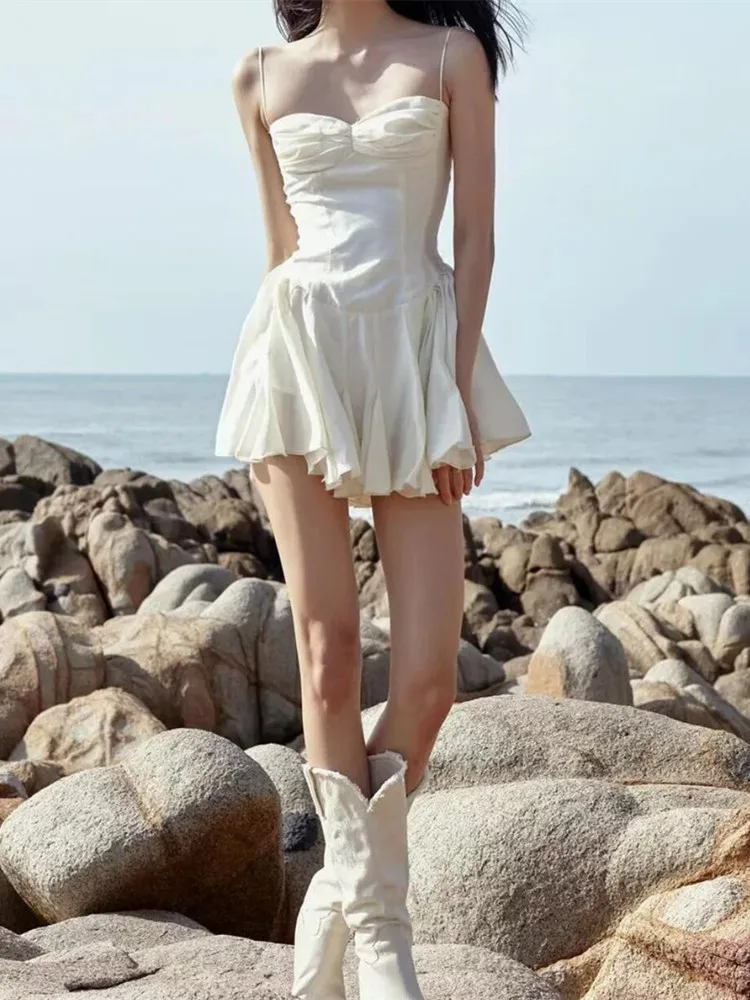 2022 Sexy Beige Ruched Bra Corset style Spaghetti Strap Mini Dress Women Backless Party Skater Short Dresses Sling Robe Vestido