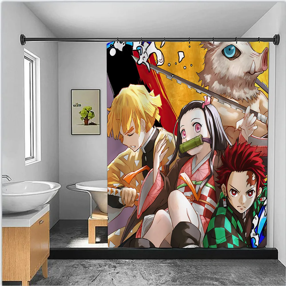 Japan Anime Demon Slayer Shower Curtain Waterproof Polyester Fabric Paint Bath Curtains Home Bathroom Decor Curtain With Hook