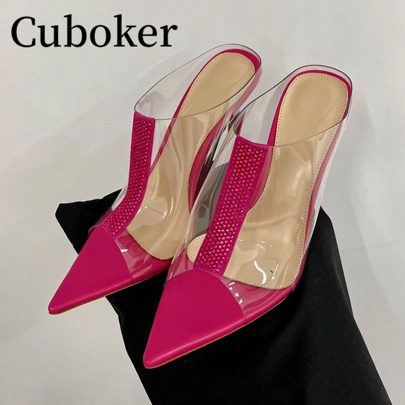 

Designer Women Bling High Heel Slippers Clear PVC Slingback Ladies Pointed toe Mules Summer Brand Wedding Dress Shoes Women