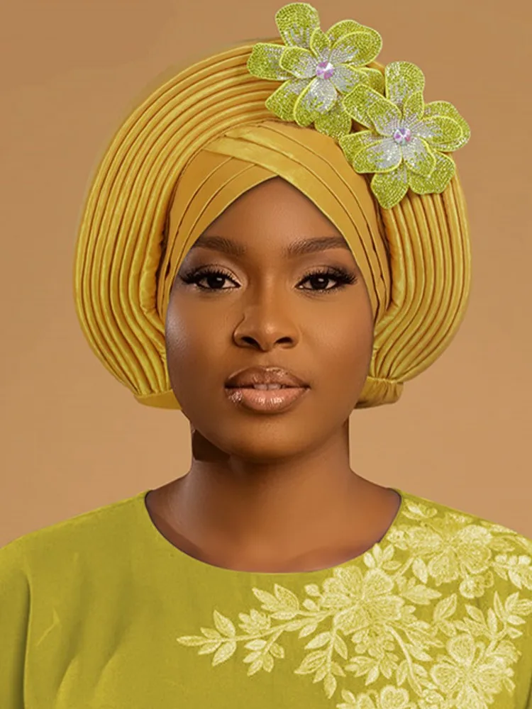 

New African Headtie Turban Nigeria Head Ties with Flowers Already Made Auto Gele Women Head Wraps for Wedding Party