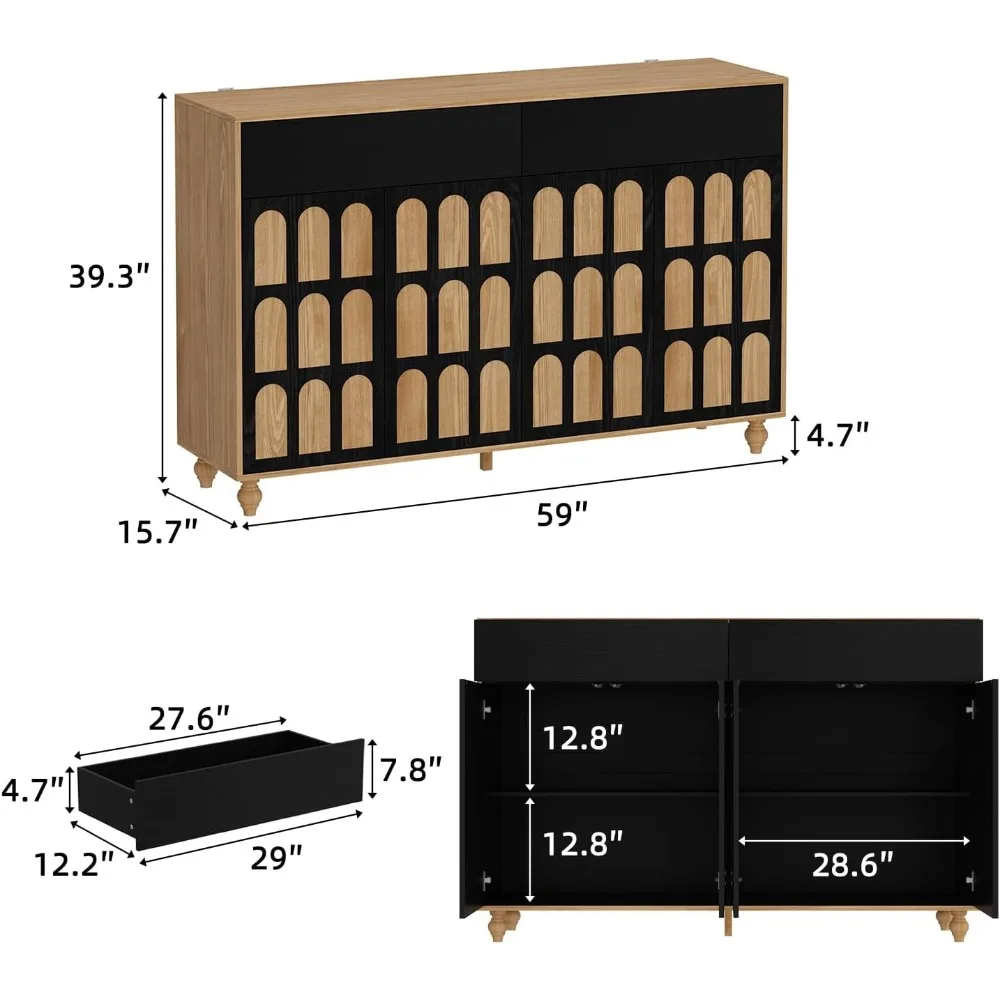 Sideboard Buffet Cabinet with 2 Drawers,4 Shelves & 4 Doors, Modern Kitchen Storage Cabinet with Arched Pattern & Pop-up Devices