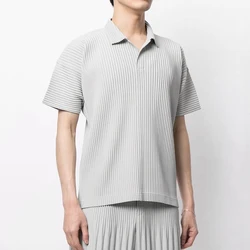 Simple Casual Miyake Homme Plisse Pleated Fabric Loose Top Lapel Casual Short Sleeve Men's Polo Shirt