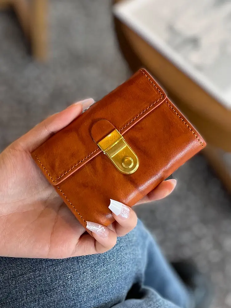 Women Top Layer Cowhide Trifold Wallet Vintage Genuine Leather Accordion Card Holder Snap Button Multi Card Slots Coin Purse
