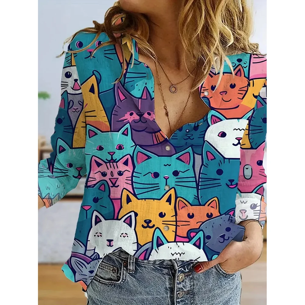 Women\'s New Single-Breasted Shirt 3d Cute Animal Print Long-Sleeved Shirts Fashionable Basic Tops Lapel Shirts & Blouses Spring