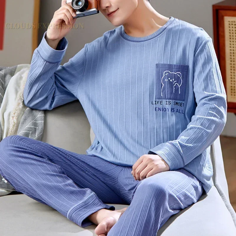 Spring 3XL Knitted Pjs Long Sleeved  Men\'s Pajamas Sets Male Pajama Plaid Pajama For Masculine Sleepwear Suits Homewear Fashion