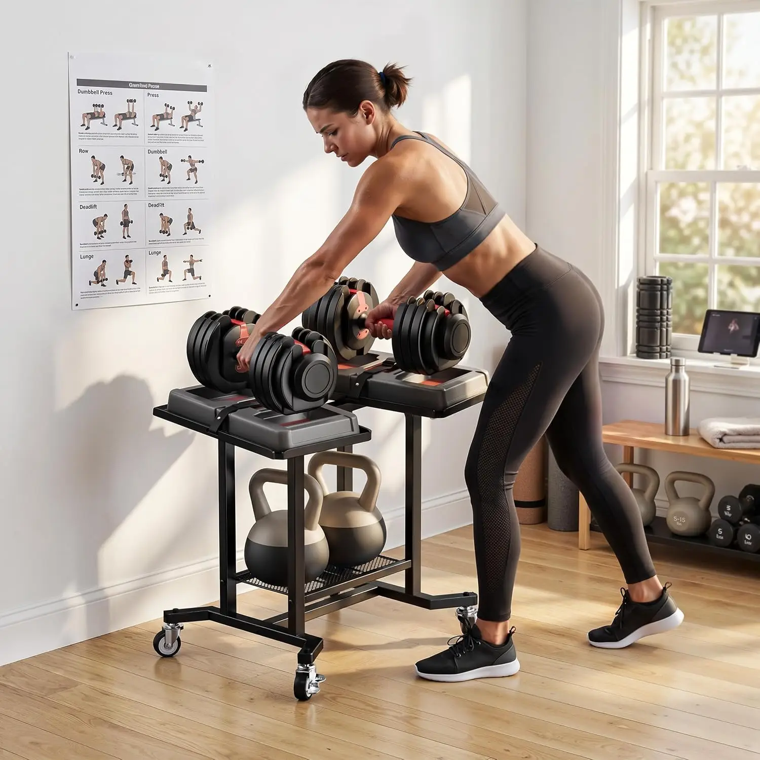 Adjustable Dumbbell Rack Stand Weight Frame Heavy Duty Metal Exercise Cart Storage Holder Floor Display Rack Compact Dumbbell Base Stand Organizer For Home Gym Fitness Workout Black