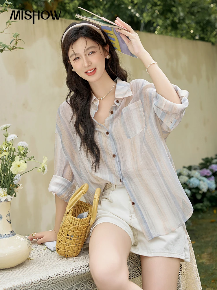 MISHOW Women's Striped Sun Protection Shirt 2024 Summer New Button Down Long Sleeve Korean Style Blouse Top for Women MXD24C0267