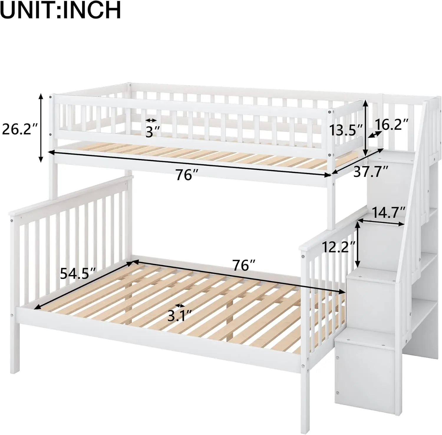 Harper & Bright Designs Twin Over Full Bunk Beds With Stairs, Wood Bunk Bed With Storage And Guard Rails,Bunk Beds Twin Over