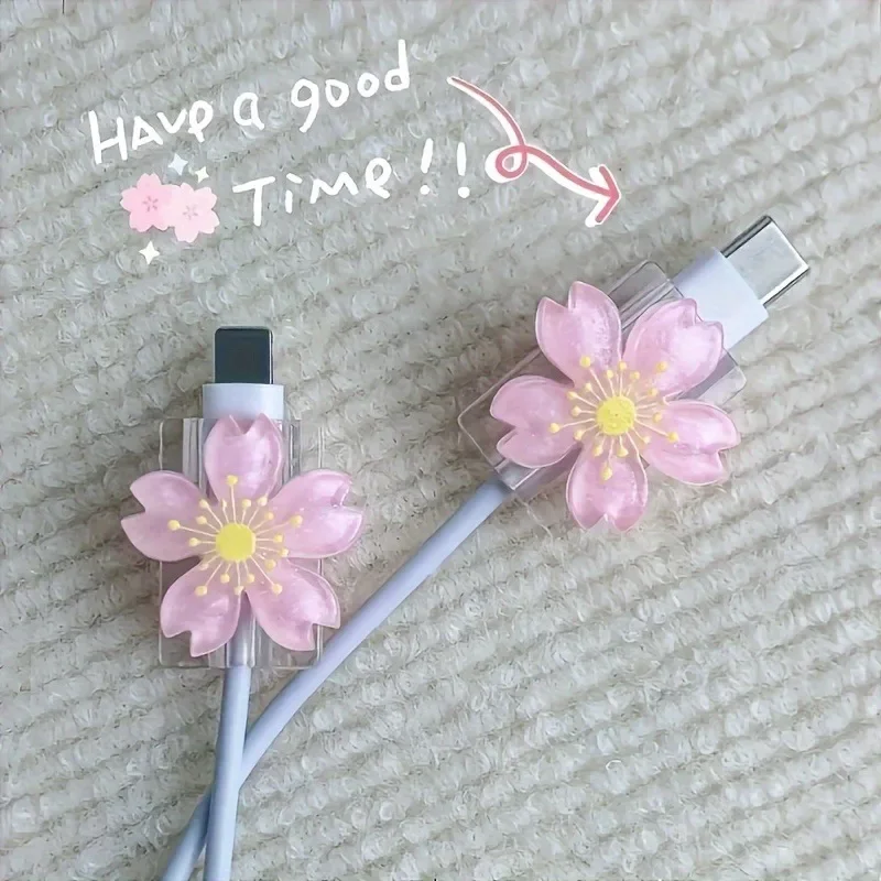2 stücke Cartoon Kabel Protector Nette Blumen USB Ladegerät Schutz Kabel Organizer Kawaii Daten Linie Kabel Kabel Wickler Für iPhone
