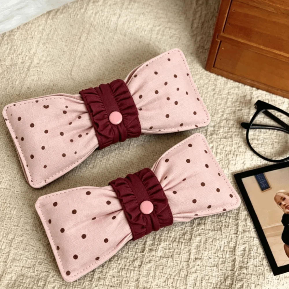 Bow Tie Shape Polka Dot Eyeglass Case Pink Color Snap Button Closure Sunglasses Pouch Compact Design Anti Scratch Eyewear Case