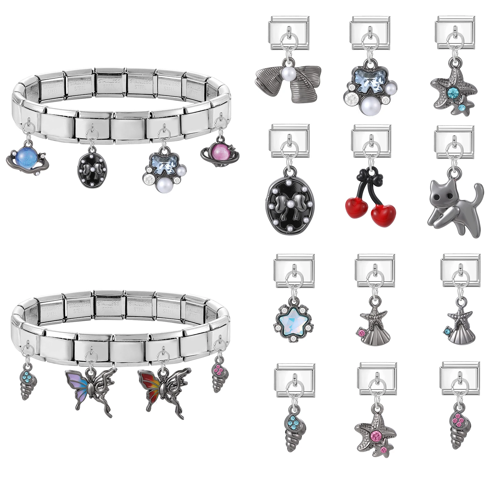 

Fashion Black Pendant Cherry Cat Butterfly Starfish Italian Charm Link Stainless Steel Fit 9MM Bracelet Women DIY Making Gifts