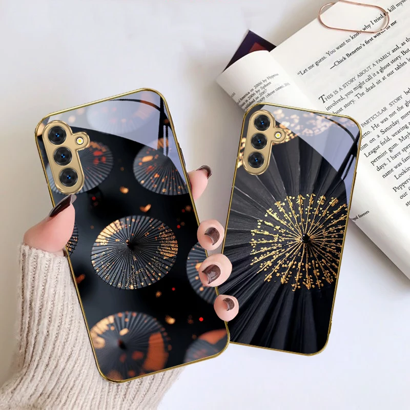 

Artistic black umbrella For Samsung A 01 52S 04 04e 05 10 12 13 A22 23 24 36 42 M02 Note 10 20Ultra 8 9 Golden glass phone case
