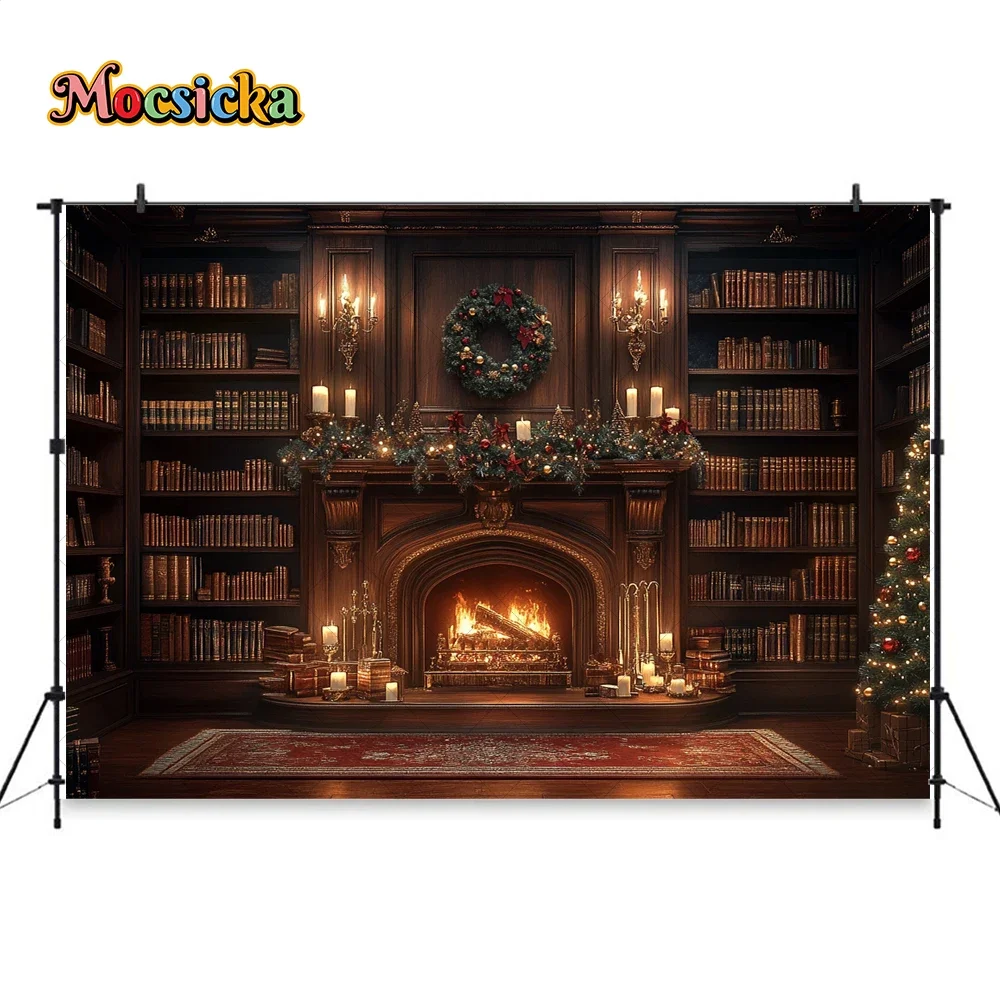 Świąteczny kominek Tło Fotografia Vintage Xmas Pokój Półka na książki Wieniec Świeca Tło Wystrój Dzieci Rodzina Photo Studio