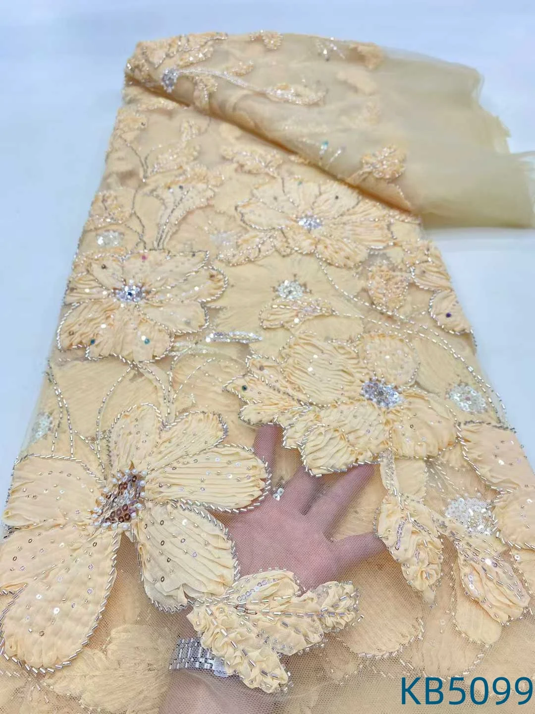 

Beaded Lace Fabric African Lace Fabric 5 Yards High Quality 2025 Red Embroidered Lace With sequence For Wedding Dress KB5101