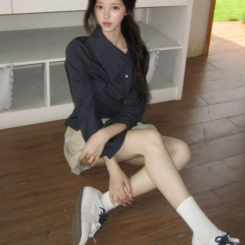 

Deeptown Navy Blue Vintage Plaid Shirts Women Elegant Preppy Long Sleeve American Style Blouses Slim Asymmetry Aesthetic Casual