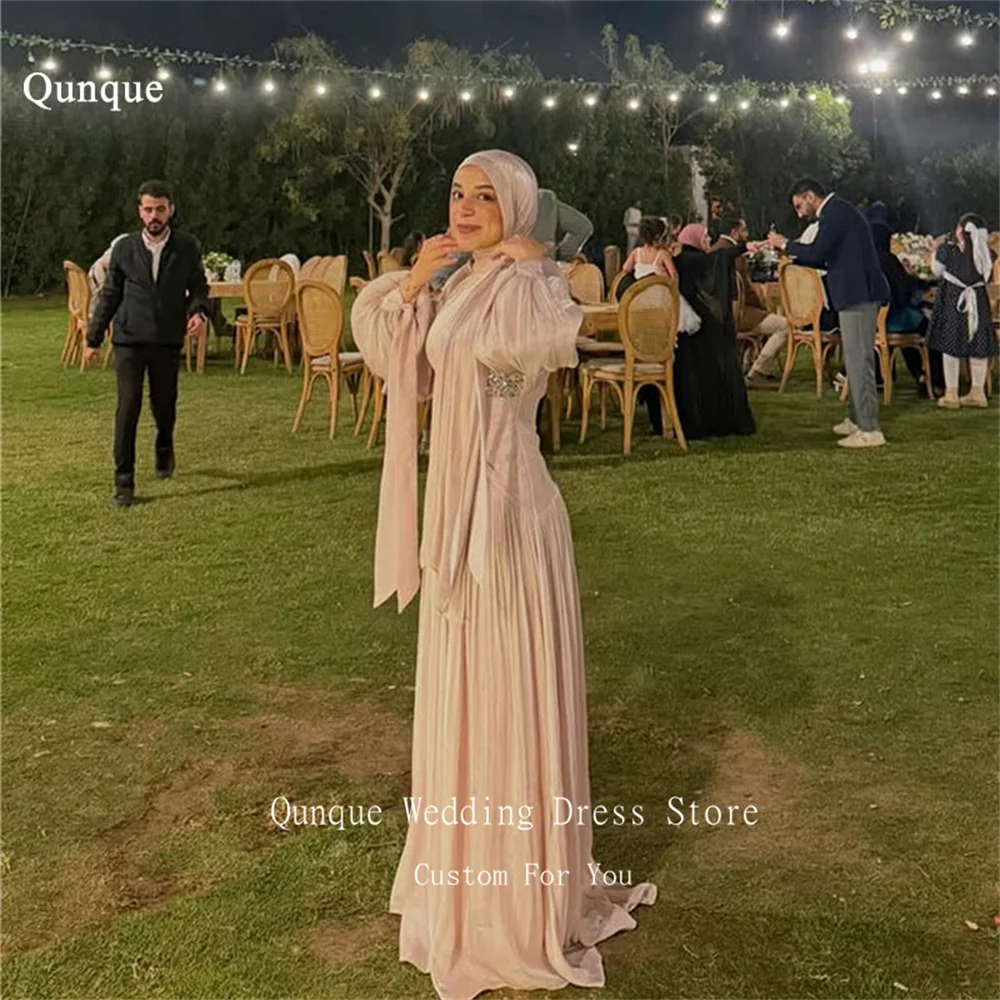 

Qunque Formal Women's Vintage Evening Gown Long Sleeves A Line High Neck Prom Dress Crystal Floor Length Party Attire Customized