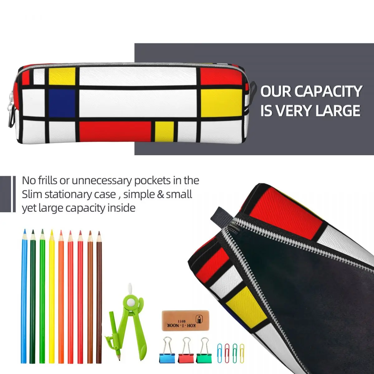 موندريان الفن مجردة مقلمة ، قلم رصاص الحقيبة ، القلم للطلاب ، حقيبة سعة كبيرة ، اكسسوارات سستة المدرسة ، 60s ، جديد
