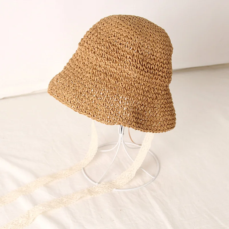 Baby Straw Hat Summer Lace Strap Korean Cute Boy Girl Crochet Sun Cap Foldable Sun Protection Outdoor Kids Beach Caps