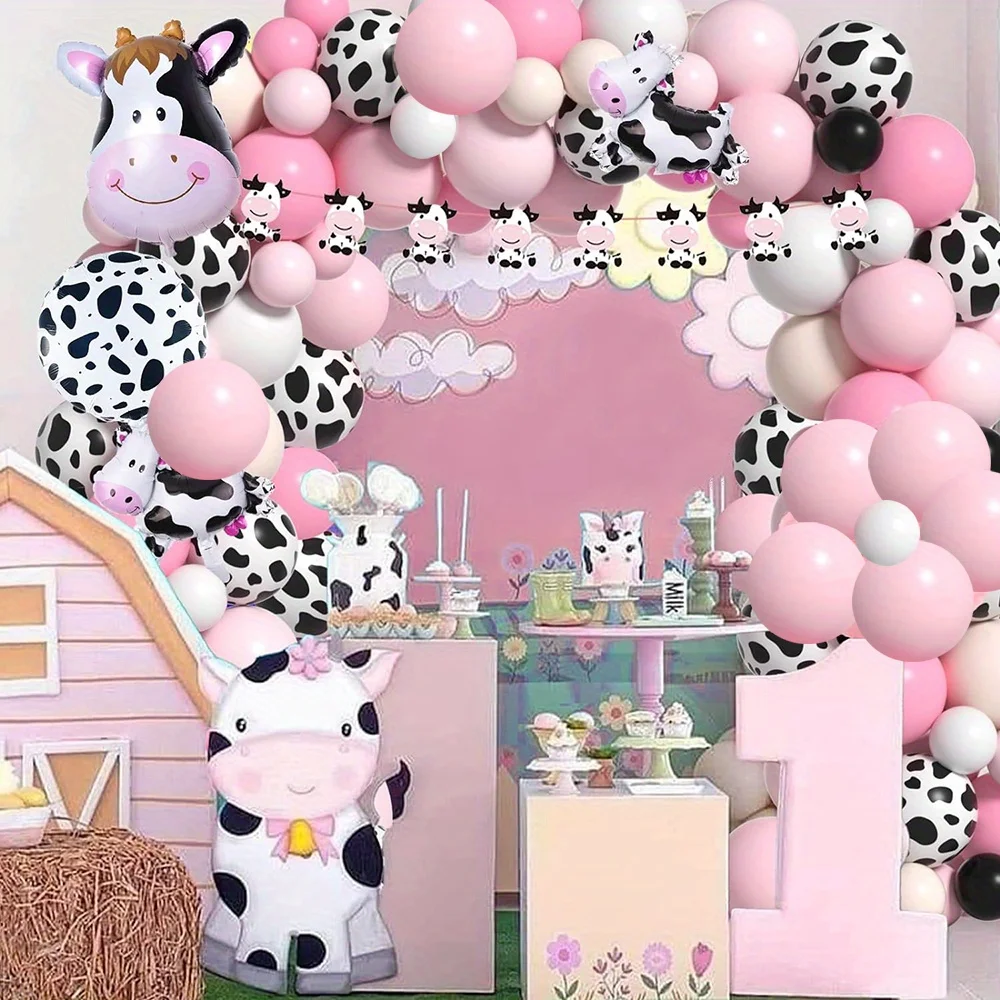 132PCS Cow Balloon Wreath Arch Kit for Birthday Party Decoration, Pink Cow Farm Theme Indoor Outdoor Decoration,