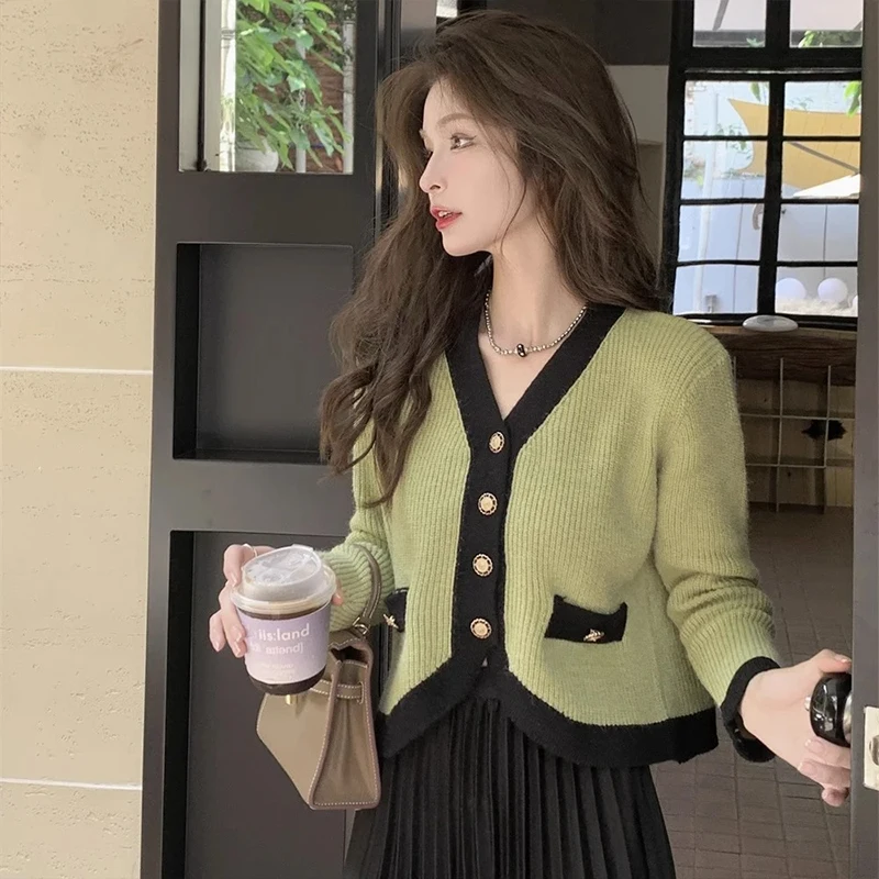 Olive een Cardigan lavorato a maglia in colore a contrasto e cinturino Dr Set Faion da donna Autunno Inverno Set in due pezzi a vita alta Lungo S...